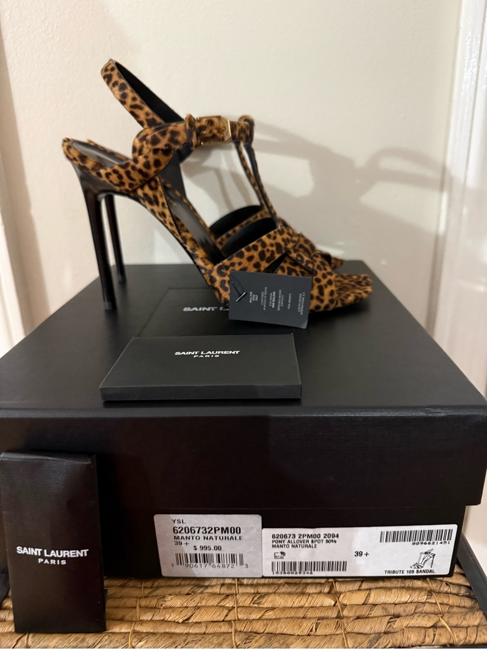 New Saint Laurent Tribute Leopard Print T-Strap Sandals - Pony Fur Brown - Picture 2 of 7